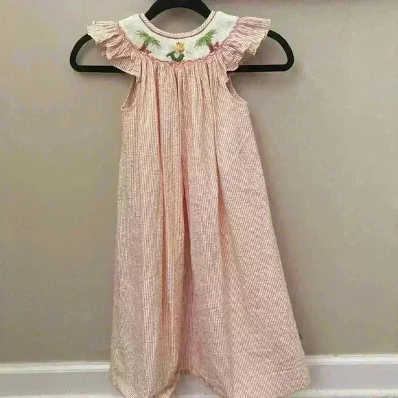 Posh Originals Smocked Seersucker Bishop Long Dress Mermaid Palm Trees Size 6X - Picture 7 of 10